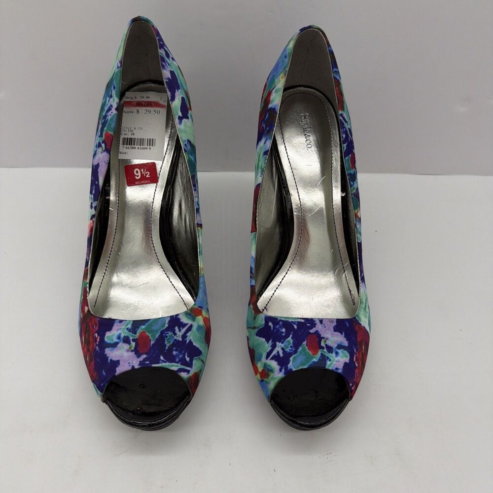 Style&co. Womens 9.5 Standard Multicolor Floral Peep Toe Stiletto Pump Heel